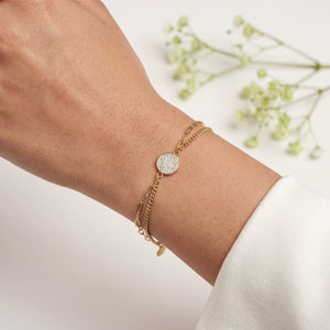 Gold Plated Double Figaro Chain Bracelet with Central Pave White Stone Round Disc Charm