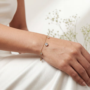 Gold Plated Round White Stone Bezel Dangling Charm Delicate Chain Bracelet with Lobster Clasp