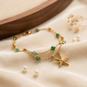 Close-up of Anti-Tarnish Gold Plated 2-Layer Green Beads Bracelet with starfish charm - House of Viya