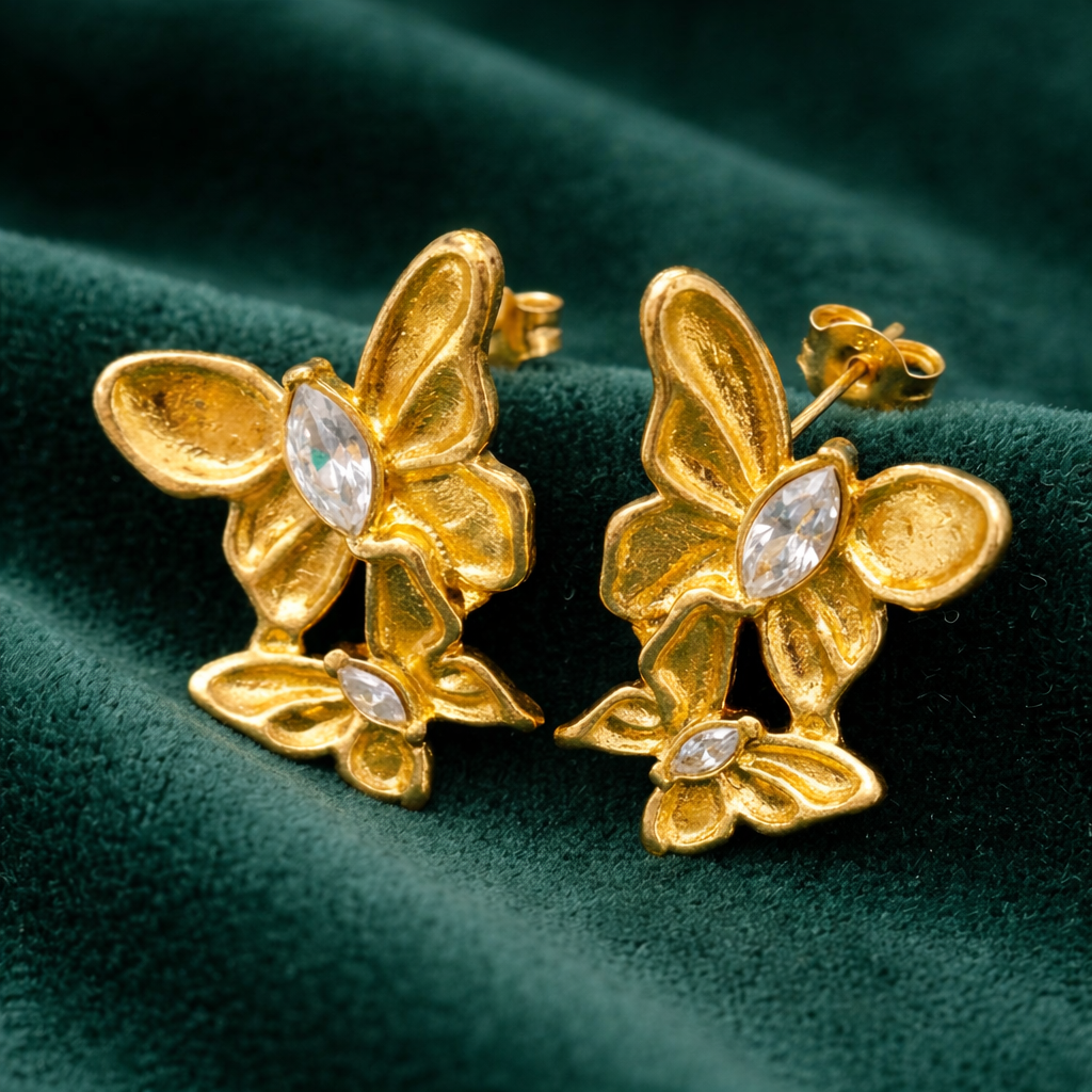 Anti-Tarnish Gold Plated Hanging 2 Butterfly Earrings - 1 Pair