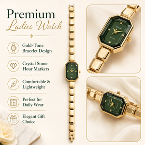 Watches Gold-Tone Rectangular Green Dial Brick Link Bracelet Watch for Women