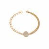 Gold Plated Double Figaro Chain Bracelet with Central Pave White Stone Round Disc Charm