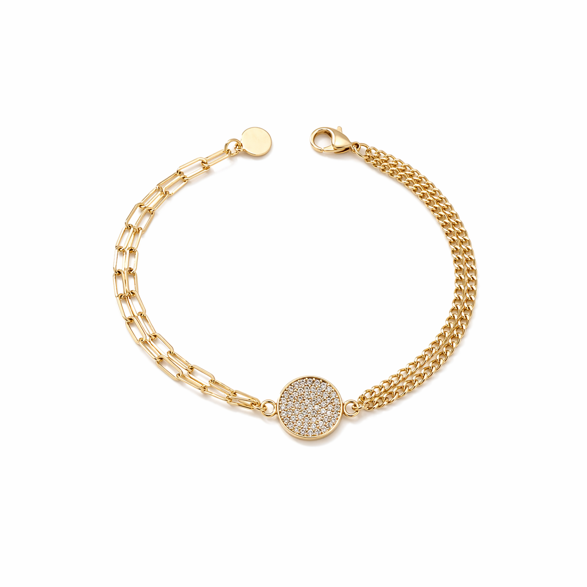 Gold Plated Double Figaro Chain Bracelet with Central Pave White Stone Round Disc Charm