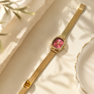 Watches Gold-Tone Square Maroon Dial Mesh Bracelet Watch for Women
