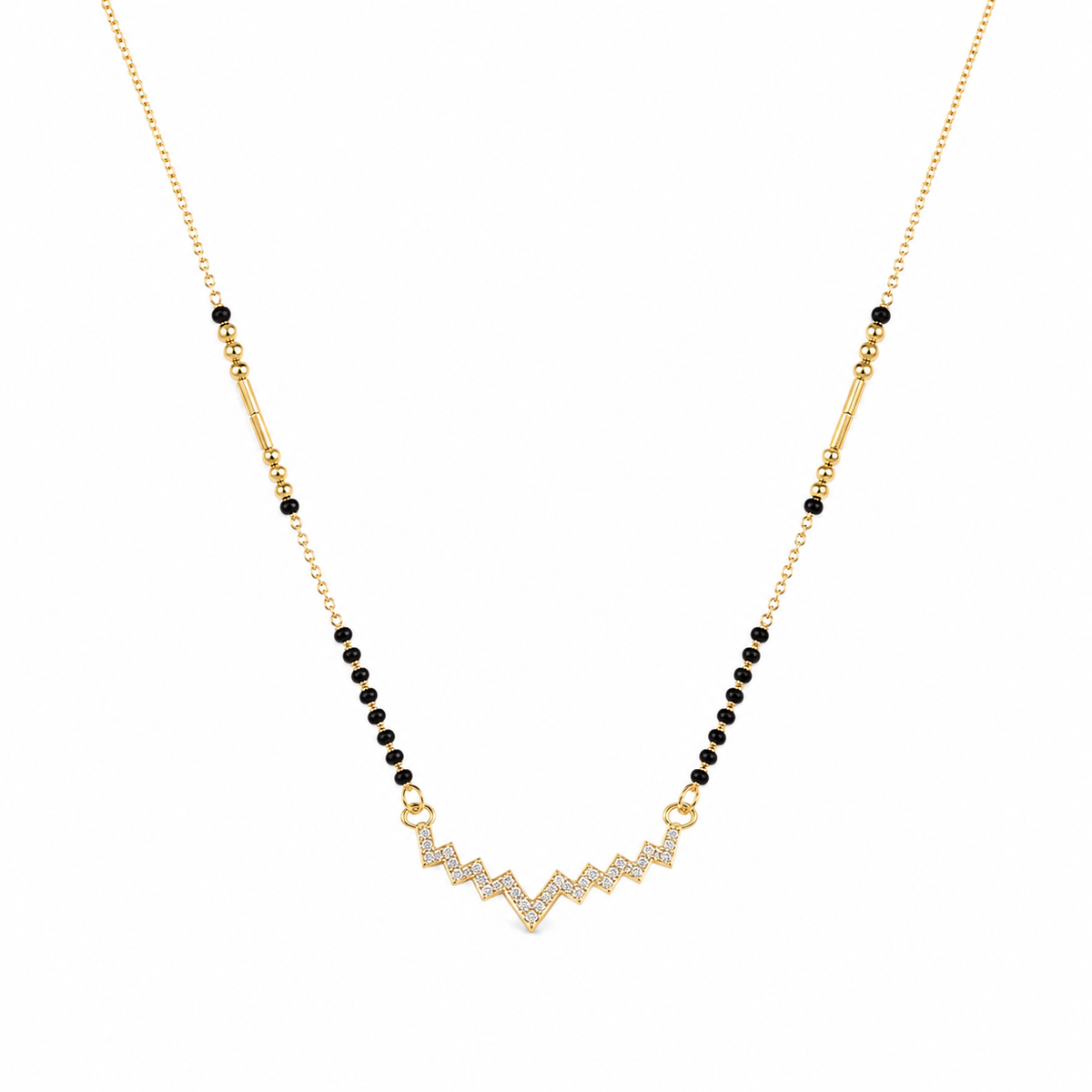 KZ Gold Plated Zigzag Bar CZ Mangalsutra for Women Black Bead Chain Wave Lightning Pendant FS