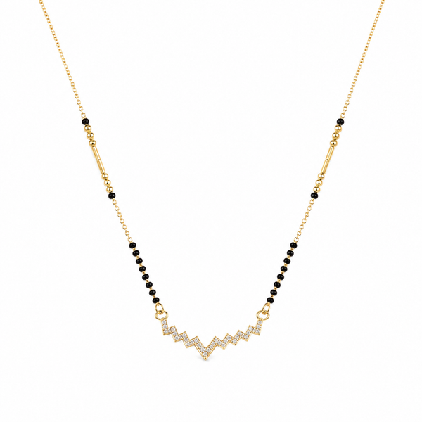 KZ Gold Plated Zigzag Bar CZ Mangalsutra for Women Black Bead Chain Wave Lightning Pendant FS