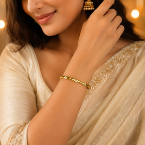Gold Wavy Twist Organic Shape Diamond Kada for Women | Curve Point Stone Stainless Steel Ladies Bangle | Artistic Festive Jewellery