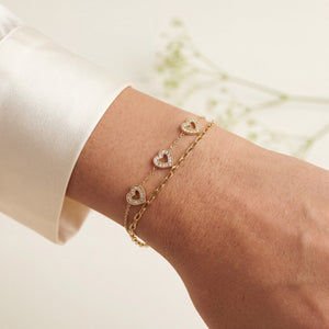 Gold Plated Double Layer Chain Bracelet with Heart Shaped White Stone Halo Charm Stations