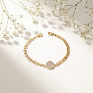 Gold Plated Double Figaro Chain Bracelet with Central Pave White Stone Round Disc Charm