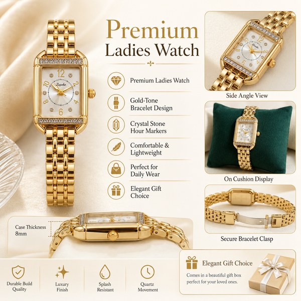 Watches Gold-Tone Rectangular Dial Crystal Studded Bezel Bracelet Watch for Women