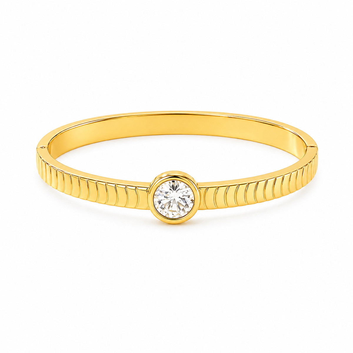 Solitaire CZ Ridged Textured Baby Kada Bangle | Gold Plated Bezel Set Slim Bracelet for Women