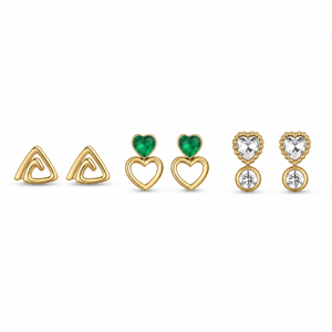 Earrings Gold Triangle, Emerald Heart & Zircon Kite Stud Earrings Set of 3 Pairs