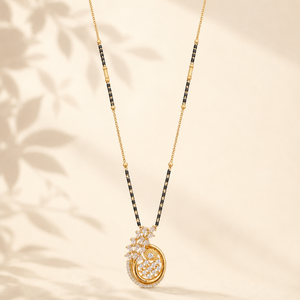 KZ Gold Plated Round Medallion Floral CZ Mangalsutra for Women Black Bead Chain Disc Pendant FS