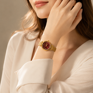 Watches Gold-Tone Pear Shape Red Dial Crystal Mesh Bracelet Watch for Women