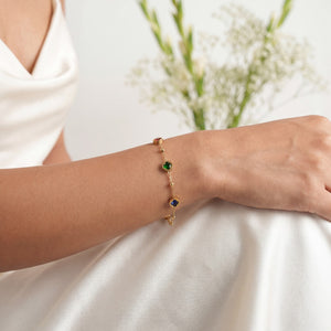 Gold Plated Delicate Chain Bracelet with Round Bezel Set Multicolour Stone and Gold Bead Stations