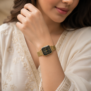 Watches Gold-Tone Square Black Dial Crystal Accent Mesh Bracelet Watch for Women