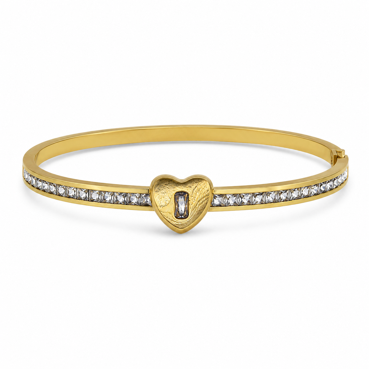 Gold Raised Heart Charm Baguette Diamond Kada for Women | Heart Pendant Row Stone Stainless Steel Ladies Bangle | Romantic Festive Jewellery