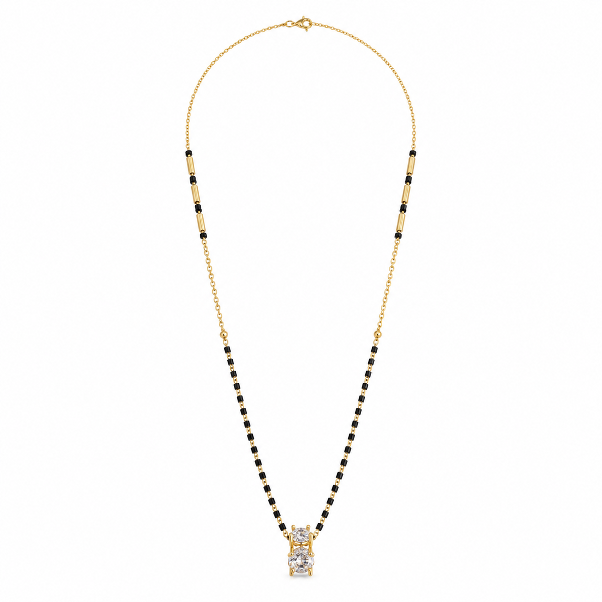 KZ Gold Plated Square CZ Solitaire Mangalsutra for Women Black Bead Chain Stacked Stone Pendant FS
