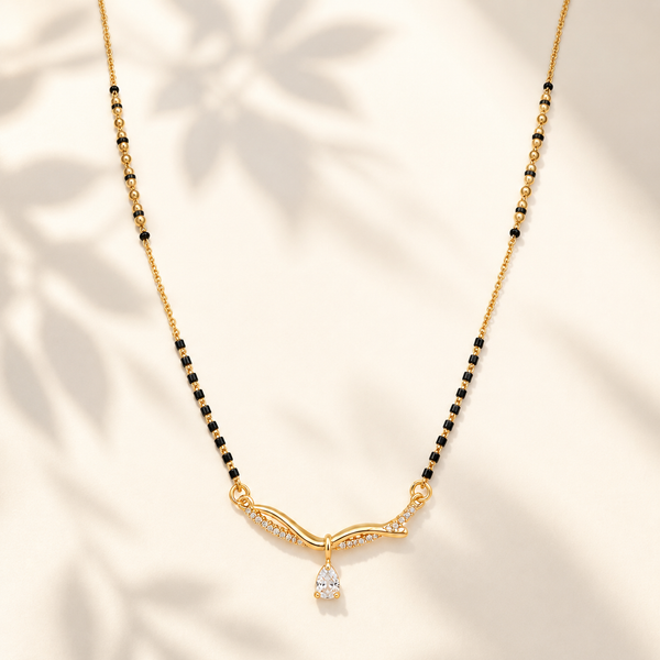 KZ Gold Plated Wave Arc CZ Mangalsutra for Women Black Bead Chain Twisted Arc Pear Drop Pendant FS