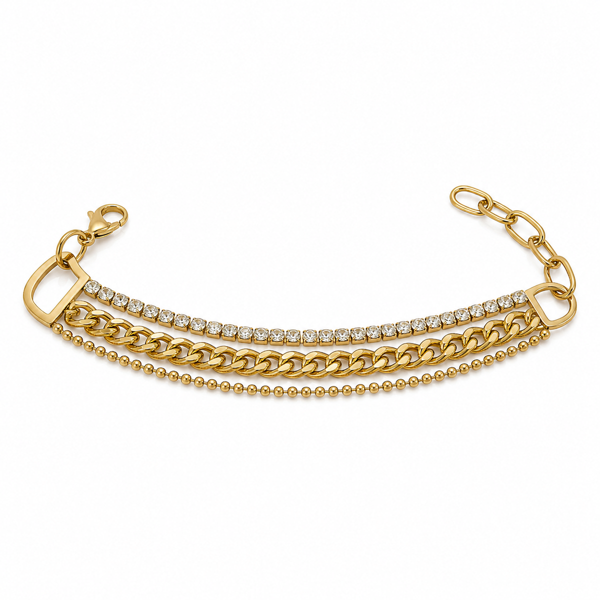 Gold Plated Triple Strand Bracelet with Curb Chain Center and Pave White Stone Side Chains