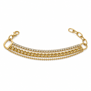 Gold Plated Triple Strand Bracelet with Curb Chain Center and Pave White Stone Side Chains