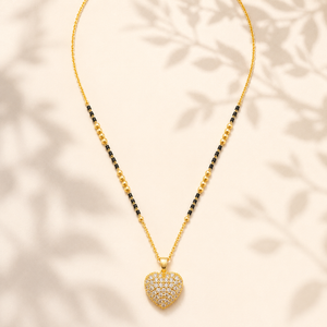 KZ Gold Plated Pave Heart CZ Mangalsutra for Women Black Bead Chain Full CZ Heart Pendant FS