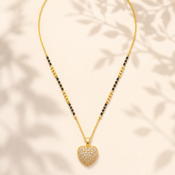 KZ Gold Plated Pave Heart CZ Mangalsutra for Women Black Bead Chain Full CZ Heart Pendant FS