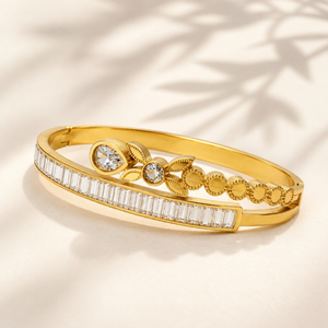 Gold Flush Set Diamond Grain Oval Kada for Women | Smooth Surface Stone Stainless Steel Ladies Bangle | Sleek Design Jewellery