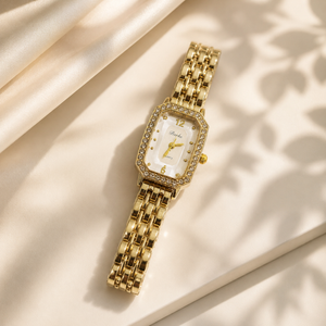 Watches Gold-Tone Rectangular Dial Crystal Studded Chain Bracelet Watch for Women