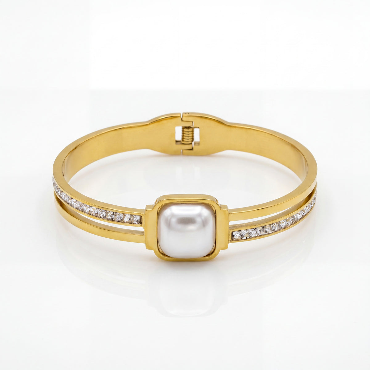 Mother of Pearl Square Pave CZ Baby Kada Bangle | Gold Plated Statement Stackable Bracelet for Women