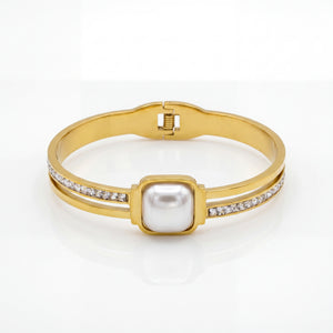 Mother of Pearl Square Pave CZ Baby Kada Bangle | Gold Plated Statement Stackable Bracelet for Women