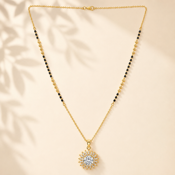 KZ Gold Plated Round Halo Solitaire CZ Mangalsutra for Women Black Bead Chain Big Stone Pendant FS