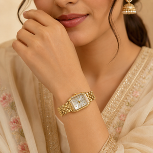 Watches Gold-Tone Rectangular Dial Crystal Studded Bezel Bracelet Watch for Women