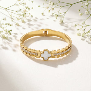 Mother of Pearl Clover Linked Baby Kada Bangle | Gold Plated Quatrefoil Lucky Cuff Bracelet for Women