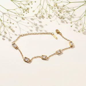 Gold Plated Emerald Cut White Rectangular Stone Bezel Station Chain Bracelet with Lobster Clasp