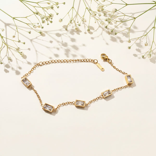 Gold Plated Emerald Cut White Rectangular Stone Bezel Station Chain Bracelet with Lobster Clasp
