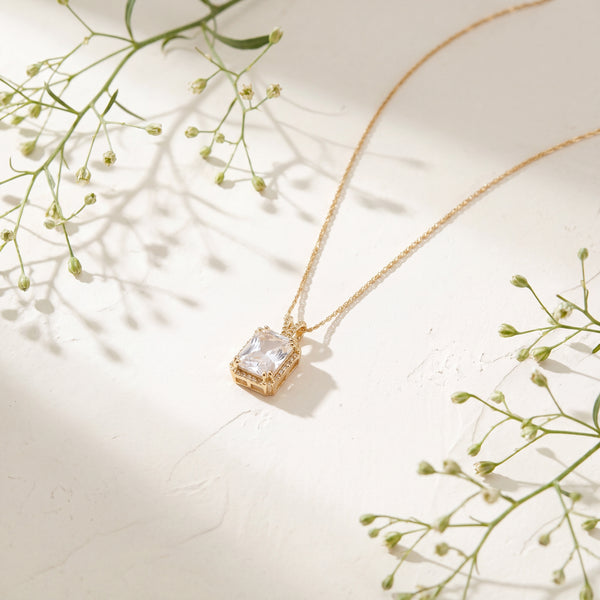Gold Square CZ Pendant Chain Anti-Tarnish Necklace