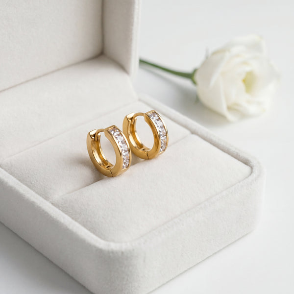 Gold Plated Channel Set CZ Pave Huggie Hoop Earrings