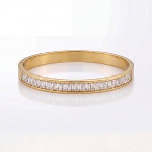 Slim Baguette CZ Eternity Baby Kada Bangle | Gold Plated White Stackable Bracelet for Women