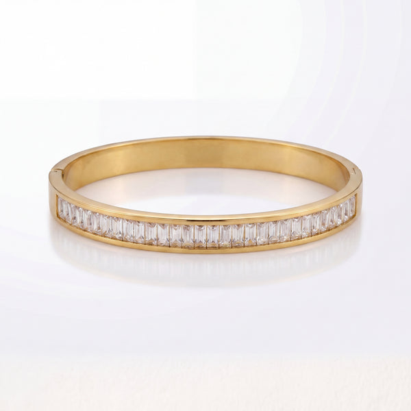 Slim Baguette CZ Eternity Baby Kada Bangle | Gold Plated White Stackable Bracelet for Women