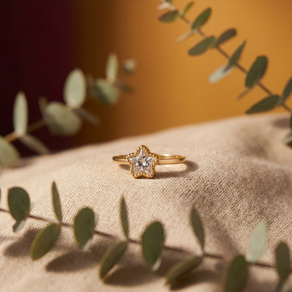 House of Viya Gold Plated CZ Star Solitaire Ring – Anti-Tarnish Stainless Steel Ring with Quatrefoil Design, Front View