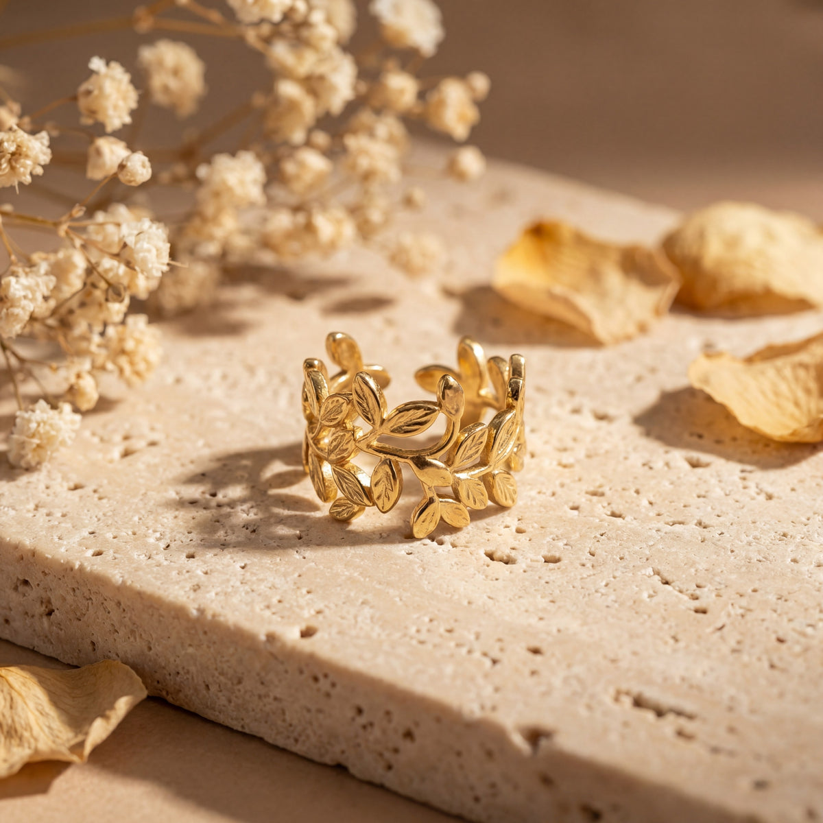 Gold Plated Leaf Vine Wrap Ring | Nature-Inspired Open Band Statement Ring for Women