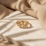 Double Flower Butterfly Open Ring | Gold Plated White CZ Bloom Statement Ring