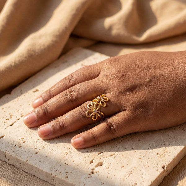 House of Viya Gold Plated Double Flower Butterfly Open Ring worn on hand – White CZ Statement Ring for Women