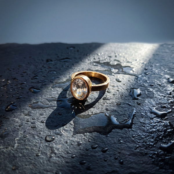 Round Halo CZ Solitaire Ring with gold plated sparkling white stone in engagement style by House of Viya